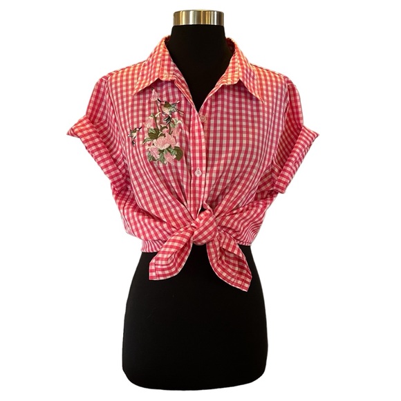 Vintage pink gingham hummingbird embroidered short sleeve button up shirt S M - Picture 2 of 12